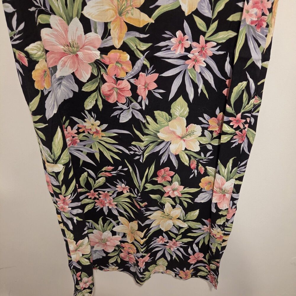 Vintage Floral Shift Dress L Black Sleeveless Midi Rayon Woven Pullover Tropical - Picture 3 of 8